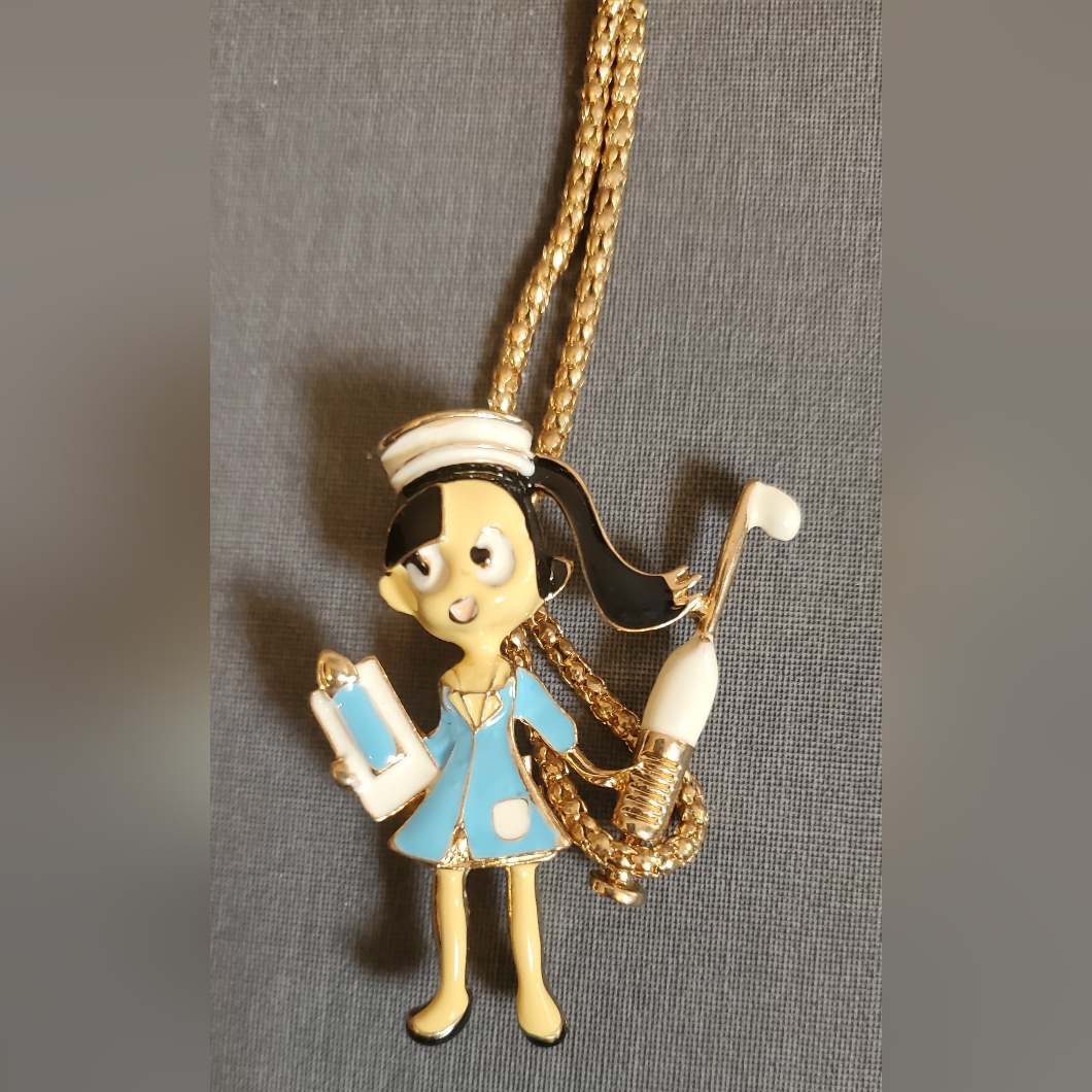 Gold Nurse Pendant Necklace With Blue Uniform